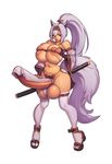  1girl animal_ears areolae bare_shoulders bitter_joy blush breasts curvy embarrassed fox_ears fox_tail full-package_futanari full_body futanari gigantic_penis huge_breasts huge_penis katana kruth666 large_areolae lavender_hair loincloth long_hair nail_polish navel nipple_slip nipples open_mouth original penis ponytail puffy_nipples red_eyes sandals shiny_skin simple_background solo standing sword tail testicles thighhighs very_long_hair weapon white_background wide_hips 