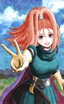  :d barbara belt cape dragon_quest dragon_quest_vi dress elbow_gloves gloves high_ponytail highres looking_at_viewer open_mouth purple_eyes red_hair short_dress smile solo torahiko v whip 