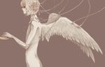  androgynous angel_wings brown_background clona commentary_request cotori_(clona) feathered_wings flower from_side hair_flower hair_ornament looking_afar male_focus monochrome nude original petals red_eyes sepia simple_background solo tears touching upper_body white_wings wings wire 