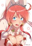  animal_ears blue_eyes blush breasts bunny_ears cleavage earrings elphelt_valentine gloves guilty_gear guilty_gear_xrd hands_on_own_chest headwear heart ikezaki_misa jewelry large_breasts open_mouth red_hair short_hair simple_background solo sweatdrop tears teeth tongue white_background 
