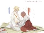  1girl bad_id bad_pixiv_id blonde_hair blue_eyes brown_hair cloak coat enyon_moon5 female_saniwa_(touken_ranbu) healing hood japanese_clothes kneeling necktie open_clothes saniwa_(touken_ranbu) scar short_hair touken_ranbu translated vest yamanbagiri_kunihiro 