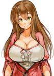  breasts brown_hair character_request cleavage collarbone green_eyes huge_breasts long_hair sachito simple_background solo upper_body white_background 