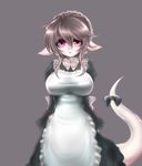  anthro big_breasts breasts clothed clothing dragon female grey_hair hair jacktheripper2008 maid_uniform pale_skin plain_background pointy_ears purple_eyes ribbons scalie solo standing 