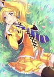 ayase_eli blonde_hair blue_eyes blush chiigo diagonal_stripes earrings jewelry looking_at_viewer love_live! love_live!_school_idol_project lying necktie on_back on_grass open_mouth petals ponytail short_hair skirt smile solo spade_earrings striped striped_neckwear sunny_day_song thighhighs waving 