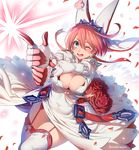  ;o blue_eyes blush breasts cleavage cleavage_cutout clover dress earrings elphelt_valentine finger_gun flower four-leaf_clover garter_straps gloves guilty_gear guilty_gear_xrd hat heart heart-shaped_pupils ikezaki_misa jewelry large_breasts one_eye_closed open_mouth petals pink_hair rose short_hair simple_background solo spikes symbol-shaped_pupils thighhighs white_background white_legwear 