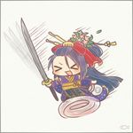  &gt;_&lt; ayu_(mog) bad_id bad_pixiv_id border closed_eyes detached_sleeves flower hair_flower hair_ornament japanese_clothes jirou_tachi kimono long_hair lowres male_focus ootachi open_mouth ponytail solo sword touken_ranbu weapon 