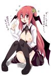  anger_vein bat_wings between_breasts black_legwear black_neckwear blush breasts breasts_outside cum cumdrip flying_sweatdrops full_body head_wings jpeg_artifacts koakuma large_breasts long_hair long_sleeves looking_away looking_up maturiuta_sorato necktie necktie_between_breasts nipples open_mouth panties panty_pull red_eyes red_hair shirt simple_background sitting solo sweat text_focus thighhighs touhou translation_request underwear upskirt vest white_background wings 