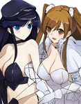  bare_shoulders blue_eyes blue_hair breasts brown_eyes brown_hair capelet choker cleavage crop_top elbow_gloves gloves hat large_breasts locked_arms multiple_girls ogiso_setsuna peaked_cap pupps simple_background touma_kazusa two_side_up upper_body white_album_2 white_background white_gloves 