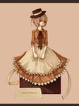  brown_shirt brown_skirt clona commentary_request food frilled_skirt frills frown hat hat_ribbon lace lace-trimmed_ribbon letterboxed necktie original personification profiterole ribbon sepia sepia_background shirt short_sleeves simple_background skirt skirt_set solo sweets 
