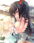  bathing black_hair blue_eyes clothes_down floating_hair from_behind hair_ornament hand_to_own_mouth kamizuki_shiki leaf_hair_ornament long_hair looking_at_viewer open_mouth original partially_submerged sitting solo tongue tongue_out wet wet_clothes 