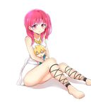  1girl :/ ali_baba_saluja ankle_lace-up bare_legs barefoot blush cross-laced_footwear feet gold jewelry magi_the_labyrinth_of_magic morgiana necklace red_eyes red_hair sitting stuffed_toy 