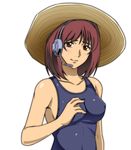  1girl bare_shoulders blush breasts brown_eyes brown_hair erect_nipples female gundam gundam_lost_war_chronicles hat headset looking_at_viewer mochi_mame noel_anderson one-piece_swimsuit one_piece_swimsuit simple_background smile solo swimsuit 