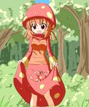  :d blue_sky bush day dress forest gen_1_pokemon hat highres long_sleeves looking_at_viewer mushroom nature open_mouth orange_hair outdoors paras personification pokemon pokemon_(creature) red_dress red_eyes red_hat skirt skirt_basket skirt_lift sky smile solo standing sws tree 