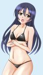  1girl ankoro_(momomonsss) bikini blue_hair blush breasts cleavage long_hair looking_at_viewer love_live!_school_idol_project open_mouth simple_background small_breasts sonoda_umi swimsuit yellow_eyes 