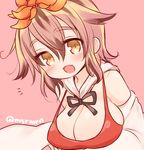  :d bow breasts cape cleavage fang flower hair_flower hair_ornament large_breasts lotus marshmallow_mille multicolored_hair open_mouth pink_background short_hair smile solo toramaru_shou touhou twitter_username two-tone_hair yellow_eyes 