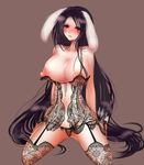  abstract_background animal_ears big_breasts black_hair blush breasts clothed clothing female hair humanoid jacktheripper2008 legwear lingerie long_hair mammal nipples panties pose rabbit_ears red_eyes sitting skimpy solo stockings underwear undressing 