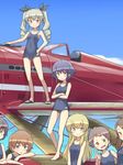  aircraft airplane anchovy aqua_eyes bare_legs blonde_hair blue_eyes blush braid brown_hair carpaccio crossed_arms day drill_hair girls_und_panzer green_hair hair_ribbon jpeg_artifacts kuinji_51go long_hair looking_at_viewer macchi_mc72 multiple_girls one-piece_swimsuit pepperoni_(girls_und_panzer) pink_hair ribbon sandals school_swimsuit seaplane short_hair sky smile standing swimsuit twin_drills twintails v yellow_eyes 