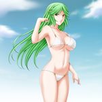  bikini breasts cleavage cloud day green_eyes green_hair hair_flip highres kid_icarus kid_icarus_uprising large_breasts long_hair navel palutena parted_lips shiny shiny_skin sky solo standing swimsuit tamamon thighs white_bikini 