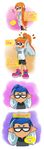  1girl alternate_hairstyle bad_source bike_shorts black_shirt blue_eyes comic english highres inkling monster_boy monster_girl orange_hair pointy_ears ponytail shirt splatoon_(series) splatoon_1 tentacle_hair tied_hair white_shirt wong_ying_chee 