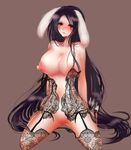  abstract_background animal_ears big_breasts black_hair blush breasts censored clothed clothing female hair humanoid jacktheripper2008 legwear lingerie long_hair mammal nipples panties pose rabbit_ears red_eyes sitting skimpy solo stockings torn_clothing underwear undressing 