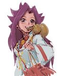  2015 4suke :d alcohol blush dated gourd jun'you_(kantai_collection) kantai_collection long_hair long_sleeves mouth_hold onmyouji open_mouth purple_eyes purple_hair sake simple_background smile solo spiked_hair twitter_username white_background 