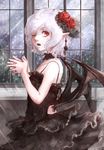  alternate_costume bare_arms bare_shoulders bat_wings black_dress breasts choker dress fang flower frilled_dress frills gothic_lolita hair_flower hair_ornament hands_together highres hoshibuchi lolita_fashion looking_at_viewer low_wings one_eye_closed open_mouth pointy_ears red_eyes remilia_scarlet ribbon_choker silver_hair sleeveless sleeveless_dress small_breasts solo touhou white_hair window wings 