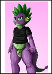  2015 anthro balls bottomless clothed clothing dragon exelzior-maximus flaccid friendship_is_magic green_eyes half-dressed male my_little_pony penis purple_scales shirt solo spike_(mlp) 