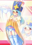  alternate_costume bad_id bad_pixiv_id blue_hair blue_legwear blue_panties blush dragon_quest dragon_quest_iii dress dress_lift garter_straps highres jewelry long_hair mitre necklace panties pearl_necklace priest_(dq3) red_eyes seiren_miraa solo thighhighs underwear zoom_layer 