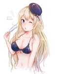  atago_(kantai_collection) bikini_top blonde_hair breasts cleavage food front-tie_top hat hatoneko kantai_collection long_hair looking_at_viewer medium_breasts navel one_eye_closed popsicle smile solo swimsuit 