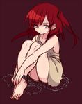  ankle_cuffs bare_legs barefoot chain cuffs dress kodamari magi_the_labyrinth_of_magic morgiana one_side_up red_eyes red_hair sitting sketch solo upskirt white_dress 