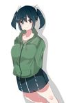  arms_behind_back blue_eyes blue_hair breasts fujisaki_(si_da) hair_between_eyes hair_ribbon jacket kantai_collection medium_breasts miniskirt ribbon short_hair short_twintails skirt skirt_set smile solo souryuu_(kantai_collection) track_jacket twintails 