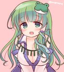  :d bangs blush breasts cleavage detached_sleeves frog_hair_ornament green_eyes green_hair hair_ornament hair_tubes jewelry kochiya_sanae large_breasts long_hair looking_at_viewer marshmallow_mille necklace open_mouth pink_background smile snake_hair_ornament solo touhou twitter_username 