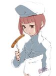  2015 4suke brown_eyes chef_uniform dated eating food fork hat kantai_collection open_mouth red_hair sailor_collar sailor_hat sausage short_hair solo twitter_username white_hat z3_max_schultz_(kantai_collection) 