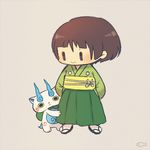  alternate_costume ayu_(mog) bad_id bad_pixiv_id bangs brown_hair chibi crossover fish frown full_body furoshiki green_hakama hakama ishikirimaru japanese_clothes komasan lowres sandals simple_background smile standing touken_ranbu youkai youkai_watch |_| 