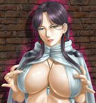  arslan_senki between_breasts breasts covered_nipples earrings falangies green_eyes jewelry large_breasts necklace nipple_tweak purple_hair solo toten_(der_fuhrer) upper_body 