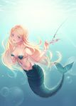  absurdres blonde_hair blood blue_eyes breasts cleavage commentary_request earrings fishing_hook fishing_line highres jewelry long_hair medium_breasts mermaid monster_girl navel original ring shell shell_bikini shirajira_(pixiv7181724) solo sunlight tears underwater 