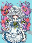  absurdres apron bow braid commentary_request flower hair_bow highres izayoi_sakuya kusuke maid_apron maid_headdress petals red_eyes silver_hair solo touhou traditional_media twin_braids watercolor_(medium) wrist_cuffs 