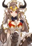  aliza_(granblue_fantasy) bare_shoulders breasts cleavage draph dress earrings granblue_fantasy greaves hair_pulled_back hand_on_own_chest horns jewelry large_breasts light_brown_hair long_hair pointy_ears pupps red_eyes signature simple_background sitting solo white_background 