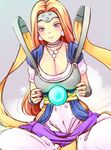 bad_id bad_pixiv_id blonde_hair blush bracelet breastplate breasts choker circlet cleavage crystal_ball dragon_quest dragon_quest_vi earrings jewelry katori_(mocchidou) large_breasts long_hair mireyu necklace purple_eyes ribbon sitting sketch smile solo 
