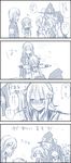  4koma 5girls aoi_(houkago_no_pleiades) blush comic hat highres hikaru_(houkago_no_pleiades) houkago_no_pleiades itsuki_(houkago_no_pleiades) long_hair minato_(houkago_no_pleiades) monochrome multiple_girls nanako_(houkago_no_pleiades) pleiadean sake_(utopia_modoki) school_uniform short_hair subaru_(houkago_no_pleiades) translated 