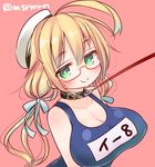  ahoge bdsm blonde_hair breasts character_name collar glasses green_eyes hair_ribbon hat i-8_(kantai_collection) kantai_collection large_breasts leash looking_at_viewer marshmallow_mille one-piece_swimsuit pink_background red-framed_eyewear ribbon sailor_hat school_swimsuit semi-rimless_eyewear simple_background smile smug solo swimsuit twintails twitter_username under-rim_eyewear 