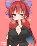  blush breasts breath cape cleavage hair_ornament hair_ribbon large_breasts long_sleeves looking_at_viewer marshmallow_mille navel red_background red_eyes red_hair ribbon sekibanki shirt_lift short_hair simple_background smile solo sweat touhou twitter_username upper_body 