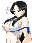  arslan_senki black_hair blue_ribbon breasts commentary_request covered_nipples earrings falangies green_eyes jewelry large_breasts lipstick long_hair makeup mizusawa_nodoka navel rei_no_himo ribbon simple_background sketch solo translation_request upper_body white_background 