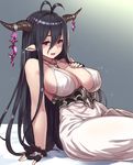  antenna_hair arm_support bad_anatomy bandages black_gloves black_hair blush breasts cleavage danua draph dress fingerless_gloves gloves granblue_fantasy hair_between_eyes hand_on_own_chest horn_ornament horns houtengeki jewelry large_breasts long_hair looking_at_viewer necklace pointy_ears red_eyes solo 