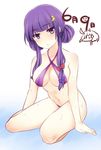  alternate_hairstyle bikini bow crescent crescent_hair_ornament date_pun double_bun gradient gradient_background hair_bow hair_ornament jpeg_artifacts looking_at_viewer midriff navel number_pun panties patchouli_knowledge purple_bikini purple_eyes purple_hair rimu_(kingyo_origin) sitting solo swimsuit touhou underwear wet 