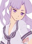  2015 4suke dated hatsuharu_(kantai_collection) kantai_collection long_hair open_mouth ponytail purple_eyes purple_hair school_uniform serafuku solo twitter_username 
