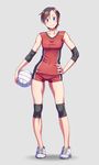  blue_eyes blush brown_hair covered_navel earrings elbow_pads fingernails full_body hair_ornament hairclip hand_on_hip jewelry knee_pads looking_at_viewer no_socks original shoes short_hair shorts simple_background sleeveless smile sneakers solo sportswear thigh_gap tomboy volleyball volleyball_uniform wokada 