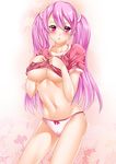  blush bow bow_panties breasts collarbone cowboy_shot large_breasts looking_at_viewer navel original panties pink_eyes pink_hair pink_panties shirt_lift solo sweat twintails un4lord underwear 
