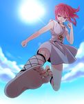  ankle_lace-up barefoot cross-laced_footwear dress feet fighting_stance foreshortening highres inazuma_kick jewelry kicking magi_the_labyrinth_of_magic morgiana pendant pov_feet puffy_cheeks red_eyes red_hair satou_iruno soles solo toes upskirt white_dress 