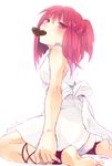  ankle_lace-up ass barefoot chocolate chocolate_heart cross-laced_footwear dress feet fuji_fujino heart looking_back magi_the_labyrinth_of_magic morgiana mouth_hold one_side_up red_eyes red_hair sitting soles solo toes wariza white_dress 
